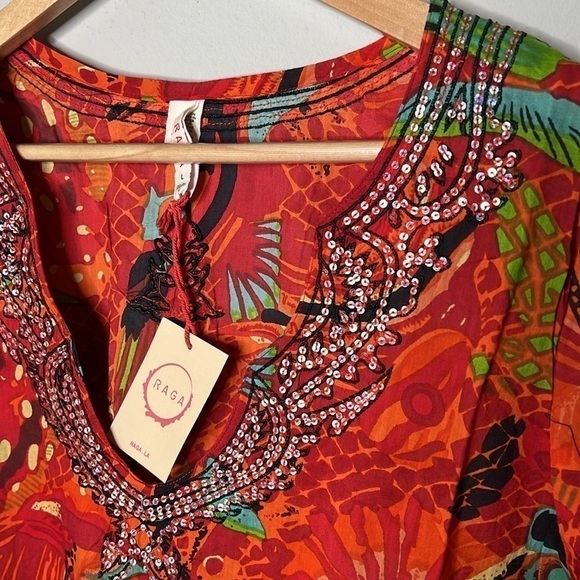 RAGA Colorful Boho Cotton Long Sleeve V-neck Tunic w/Sequins Size Large NWT! - Picture 2 of 7